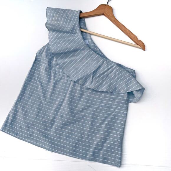 L’Acadamie one shoulder chambray tank top size small blue w/ white stripes - Picture 2 of 8